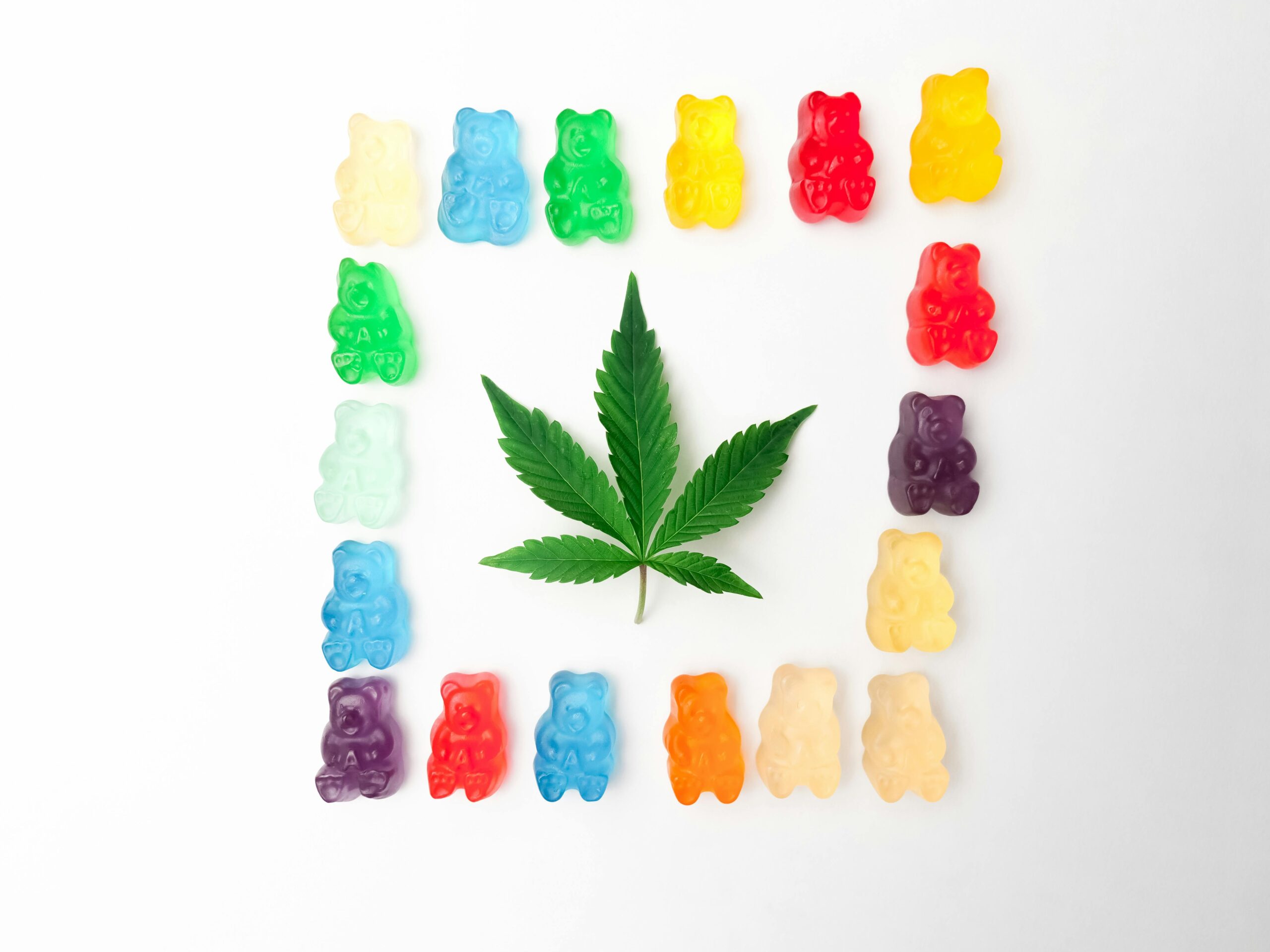 Vibrant gummy bears form a colorful border around a cannabis leaf on a white background, showcasing edible cannabis culture.